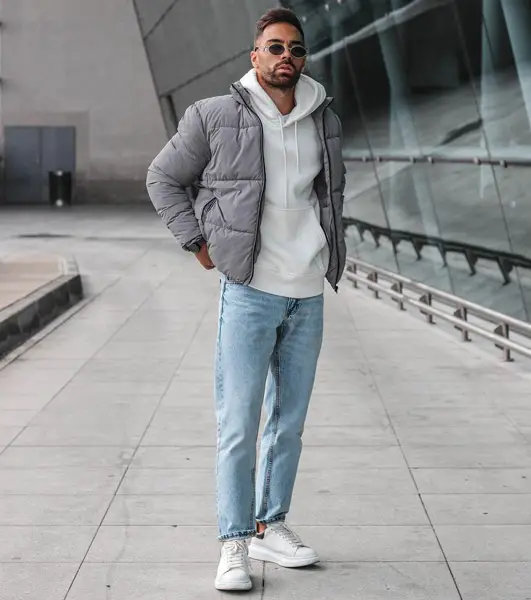 Light Blue Jeans with Grey Coat and Hoodie